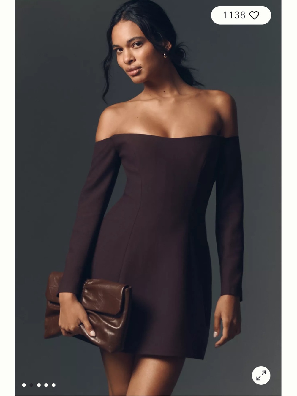Bardot Nadene Hourglass Mini Dress Off-Shoulder Long Sleeve Brown Dress Sz 4